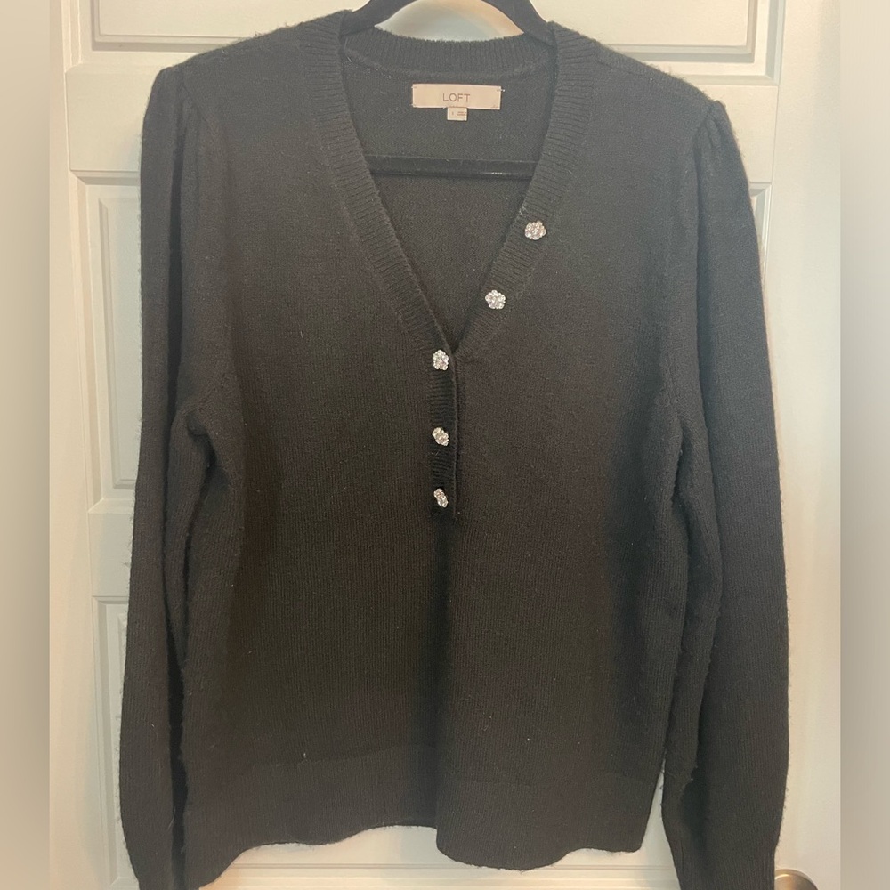 Black V-Neck sweater with button accent detail